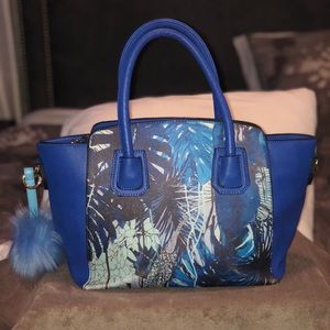 Blue Floral Print Medium Size Satchel Handbag